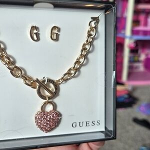 GUESS Heart pink rhinestone necklace and  Earrings.